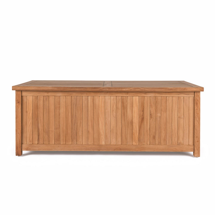 Teak outdoor storage box with slatted design