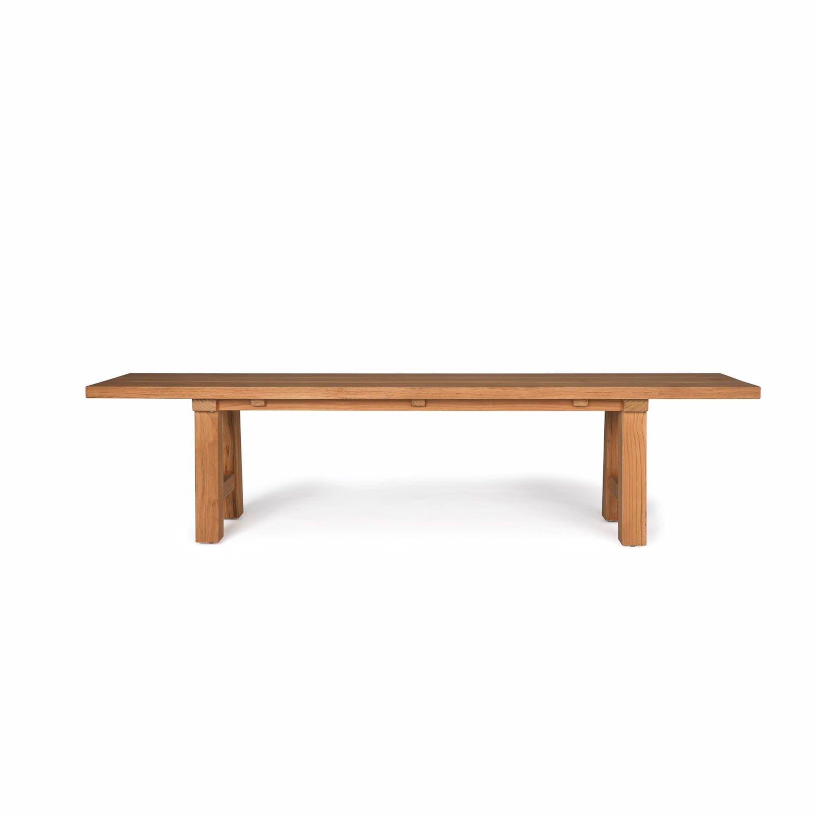 A wooden bench with a smooth, flat top and sturdy legs stands against a plain white background, emphasizing its simple, elegant design.