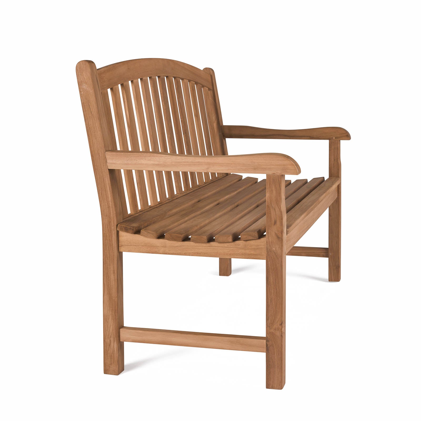 Bowback 2-seater teak outdoor bench with slatted design