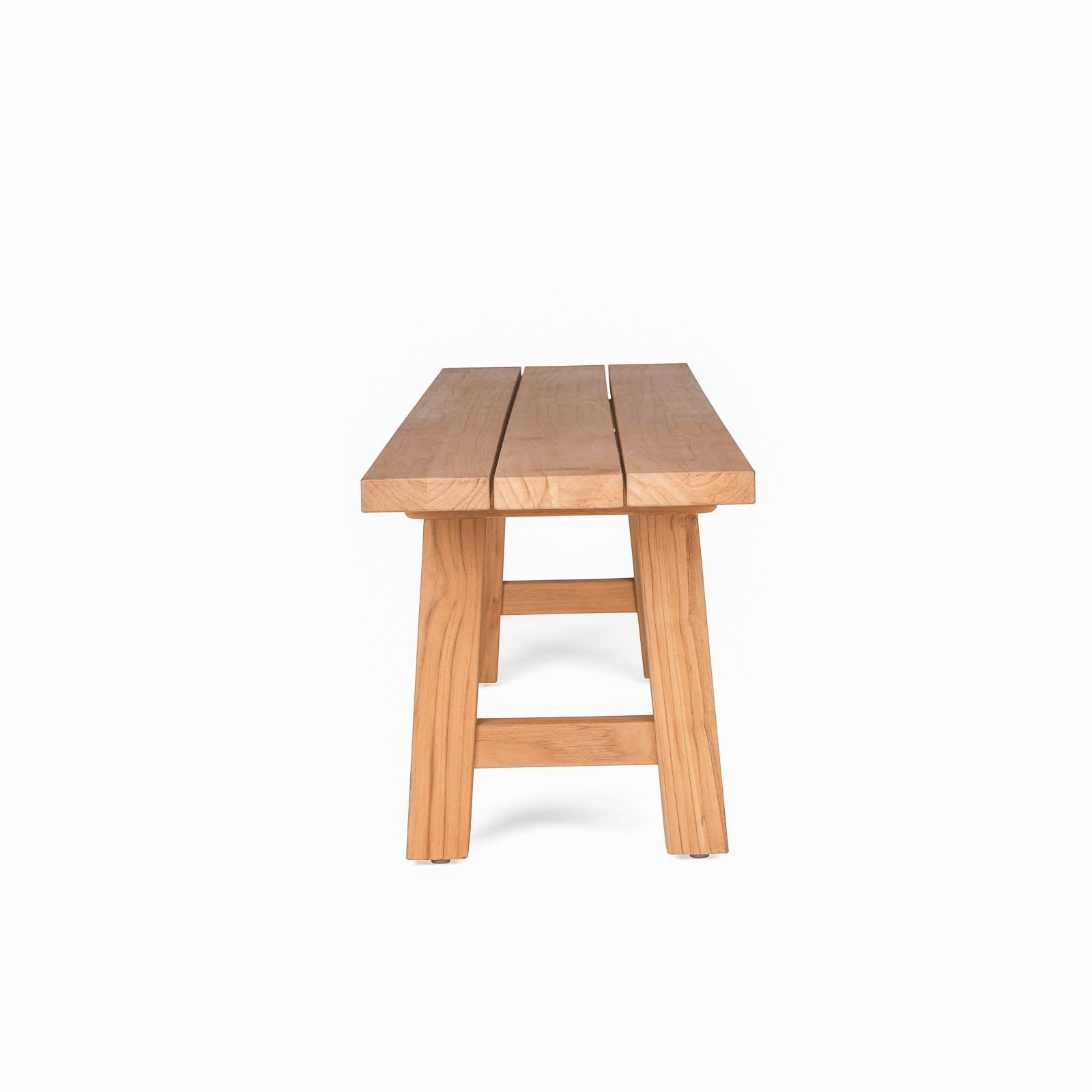 Wooden bench with four legs, featuring a slatted seat composed of three planks, set against a plain white background.