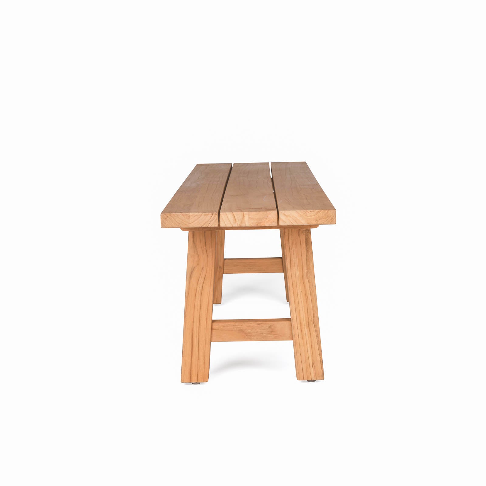 Wooden bench with three parallel planks forming the seat, supported by sturdy, angled legs. Positioned in a minimalist, white background highlighting its simple, functional design.