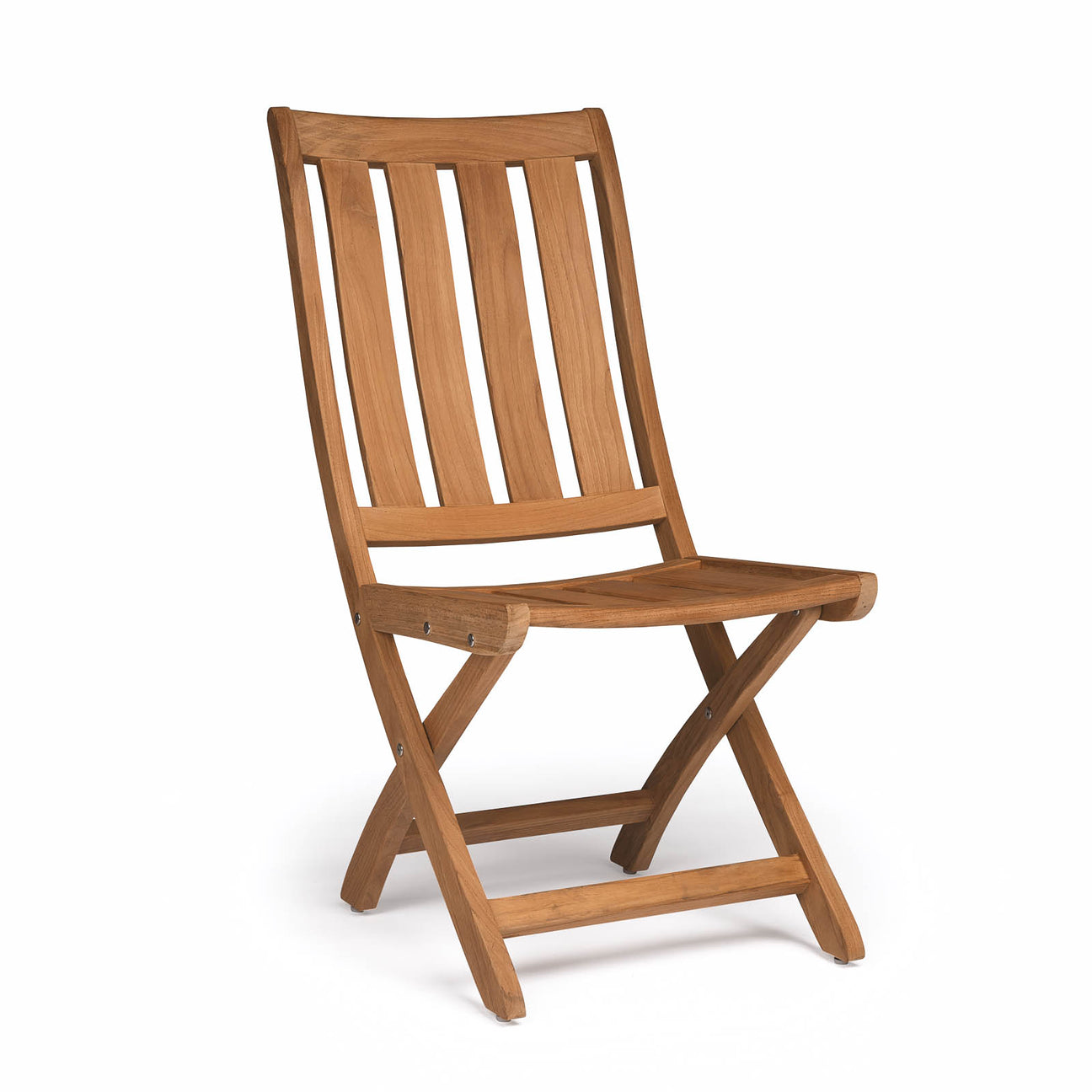 A wooden chair with slatted backrest and folded legs sits upright against a white background, emphasizing its simple, functional design.