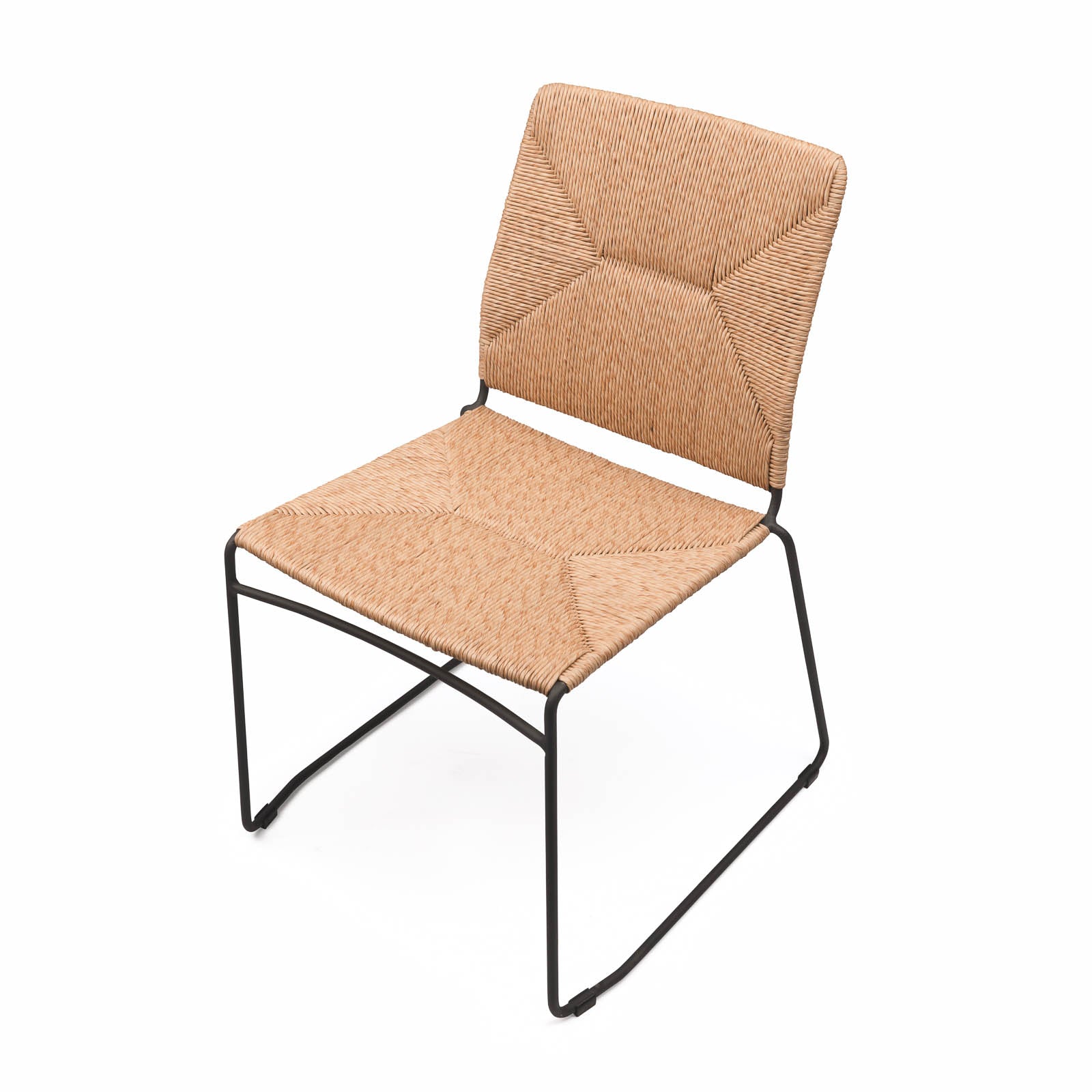 Outdoor dining chair with black frame and woven seat