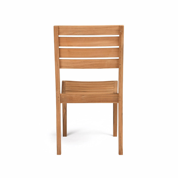 A wooden chair stands upright, featuring horizontal slats on the back and seat, set against a plain white background.