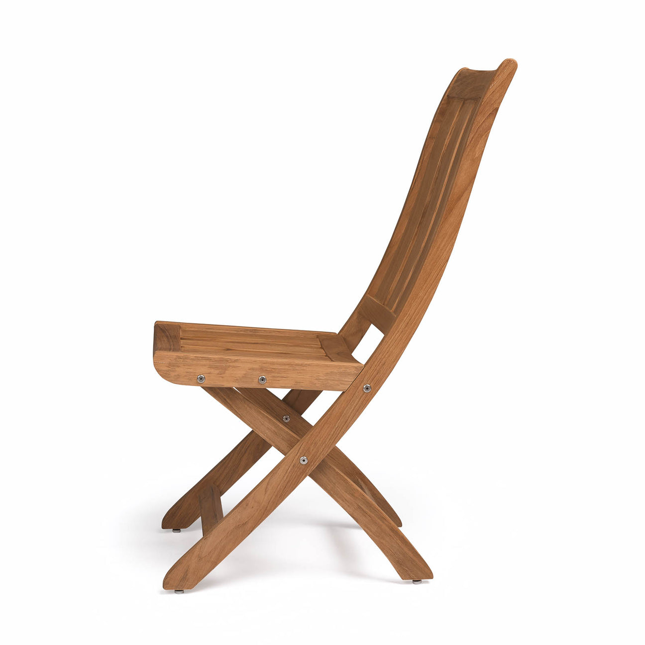 A wooden folding chair, with curved seat and back, sits upright against a plain white background, emphasizing its simple, elegant design.