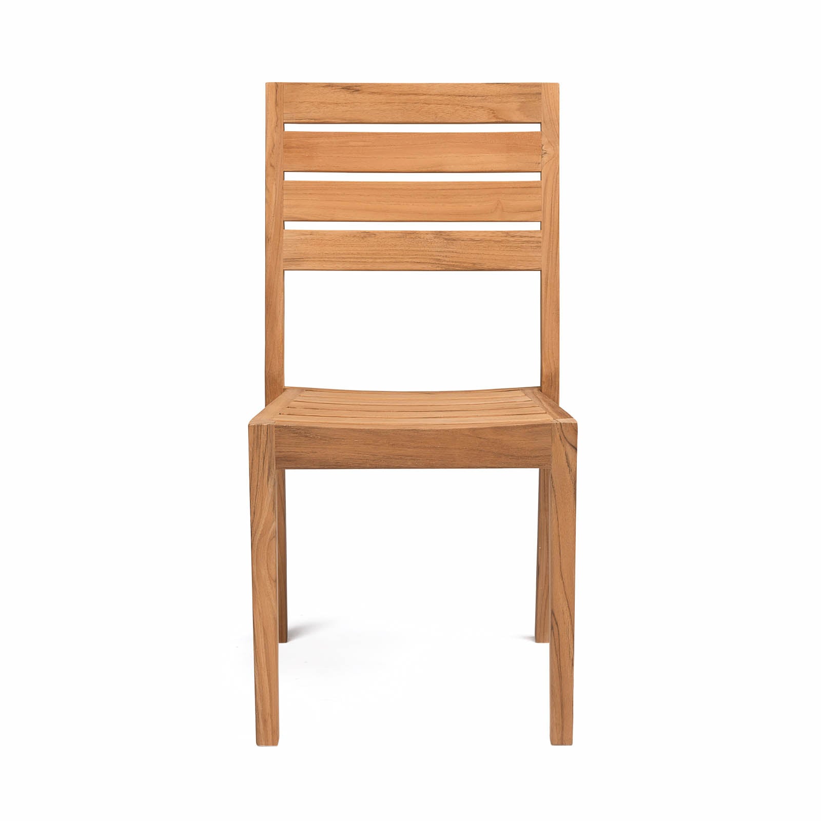 A wooden chair stands upright, featuring a slatted backrest and seat, set against a plain white background.