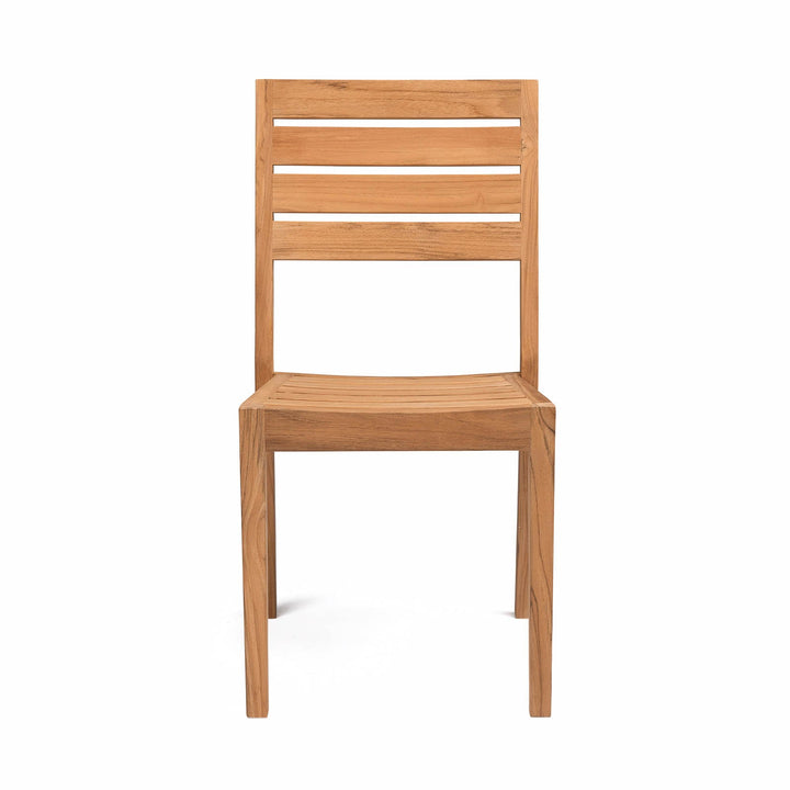 A wooden chair stands upright, featuring a slatted backrest and seat, set against a plain white background.