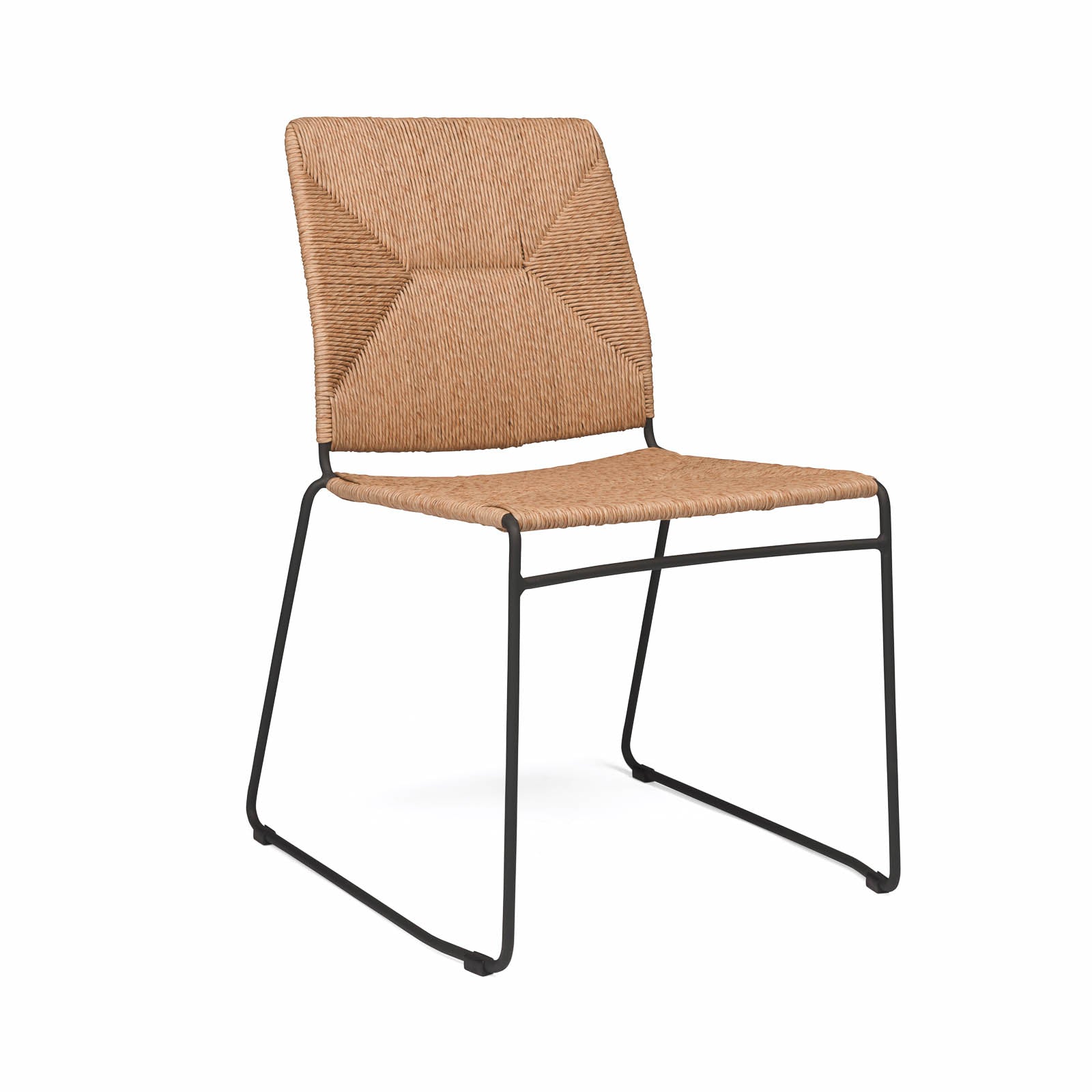Outdoor dining chair with woven tan seat and black frame