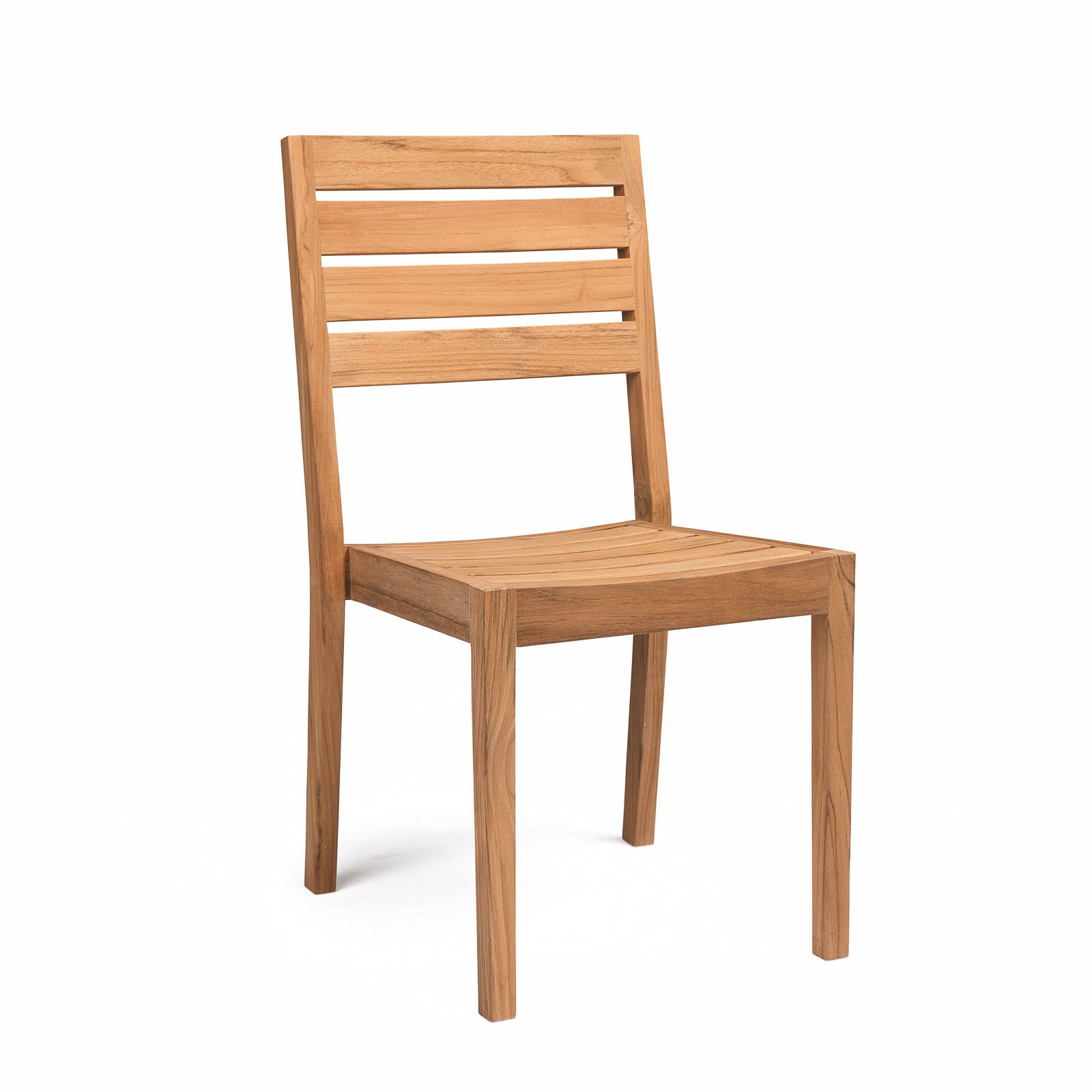 Wooden chair with horizontal slatted back, standing on a white background. The chair features a simple, minimalist design with a natural wood finish.