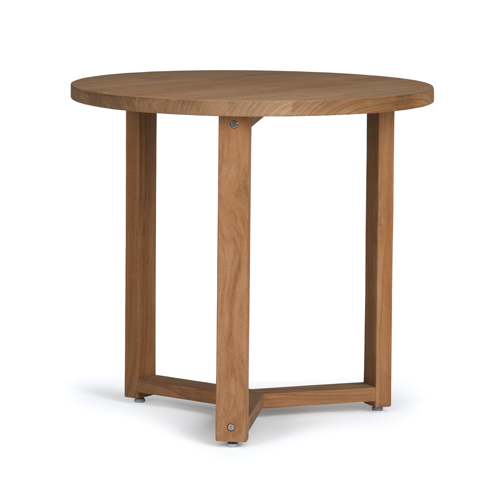 A wooden round table stands on three sturdy legs, connected at the base by a triangular support, set against a plain white background.