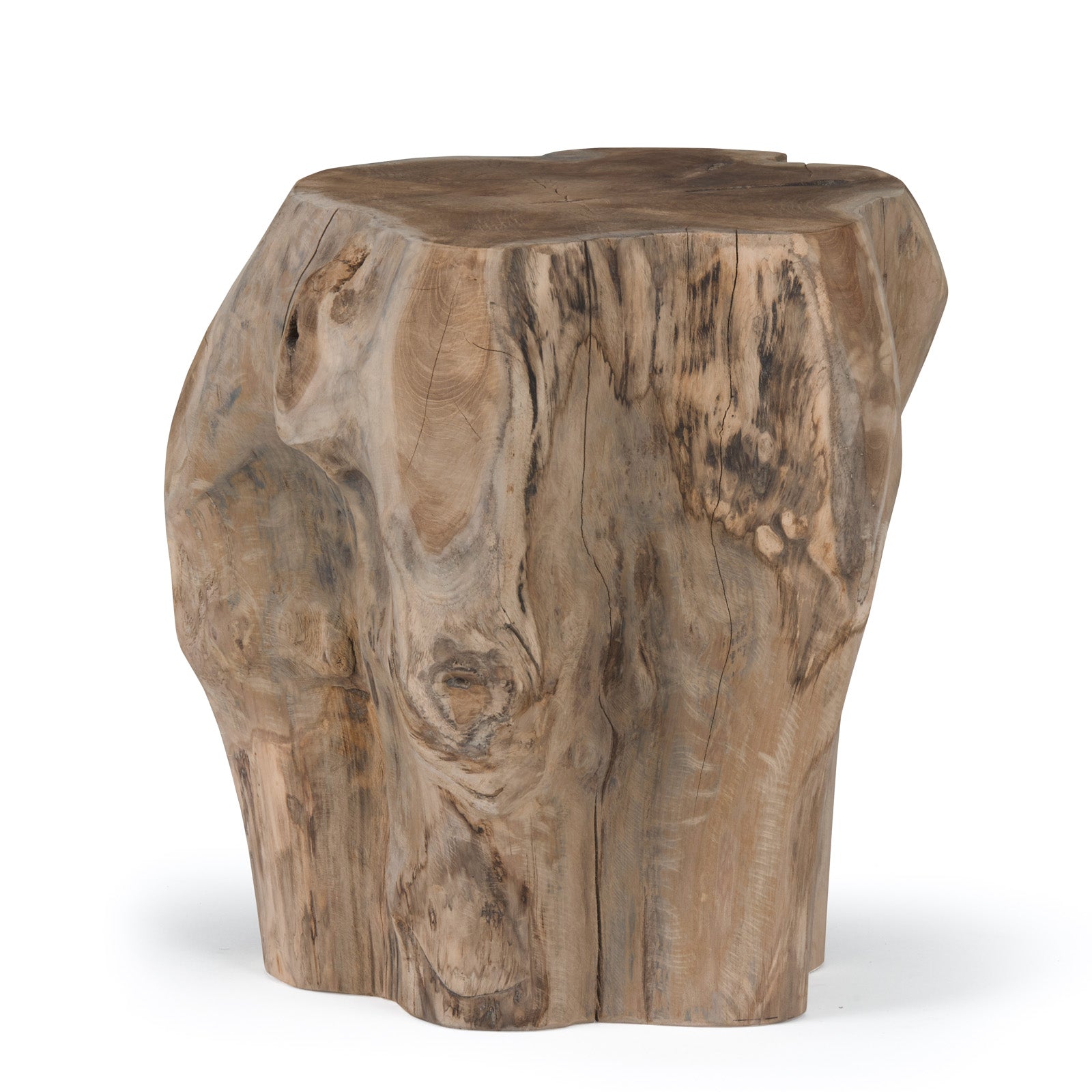 A natural wood stool sits stationary, showcasing its irregular grain patterns and organic shape, in a simple, white background setting.