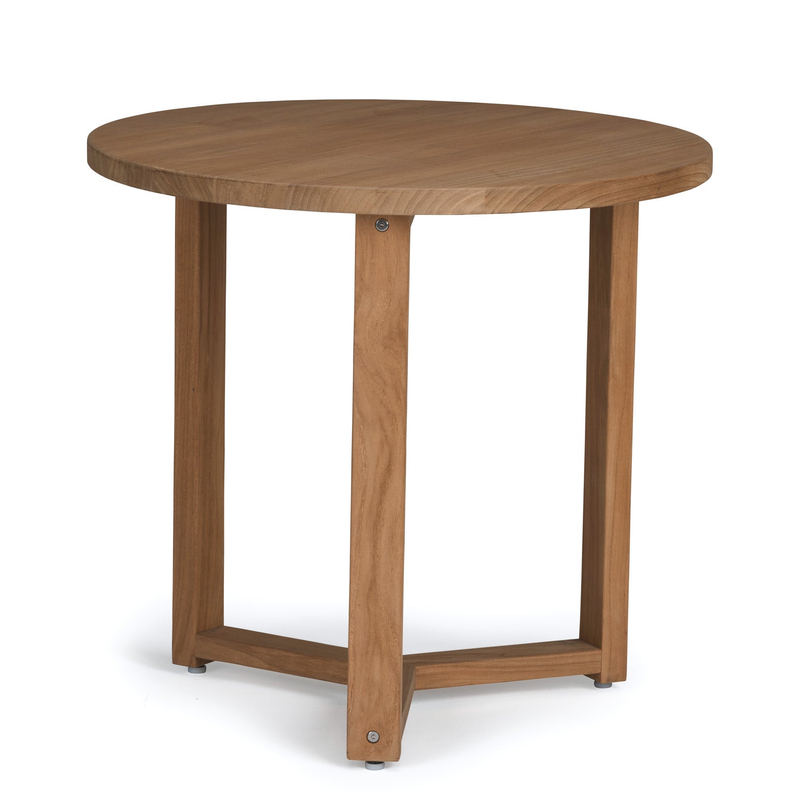 A round, wooden table stands on three legs with a triangular base, set against a plain white background.