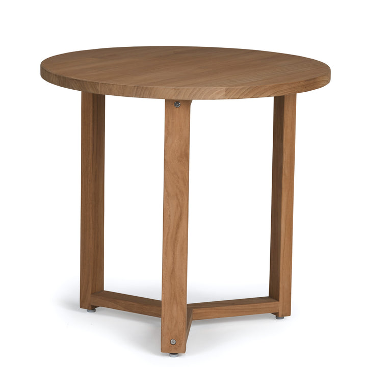 A round, wooden table stands on three legs with a triangular base, set against a plain white background.