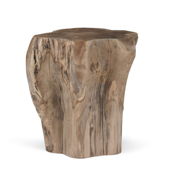 A natural wood stump, standing upright with a smooth top surface, displays earthy tones and intricate grain patterns, set against a plain white background.