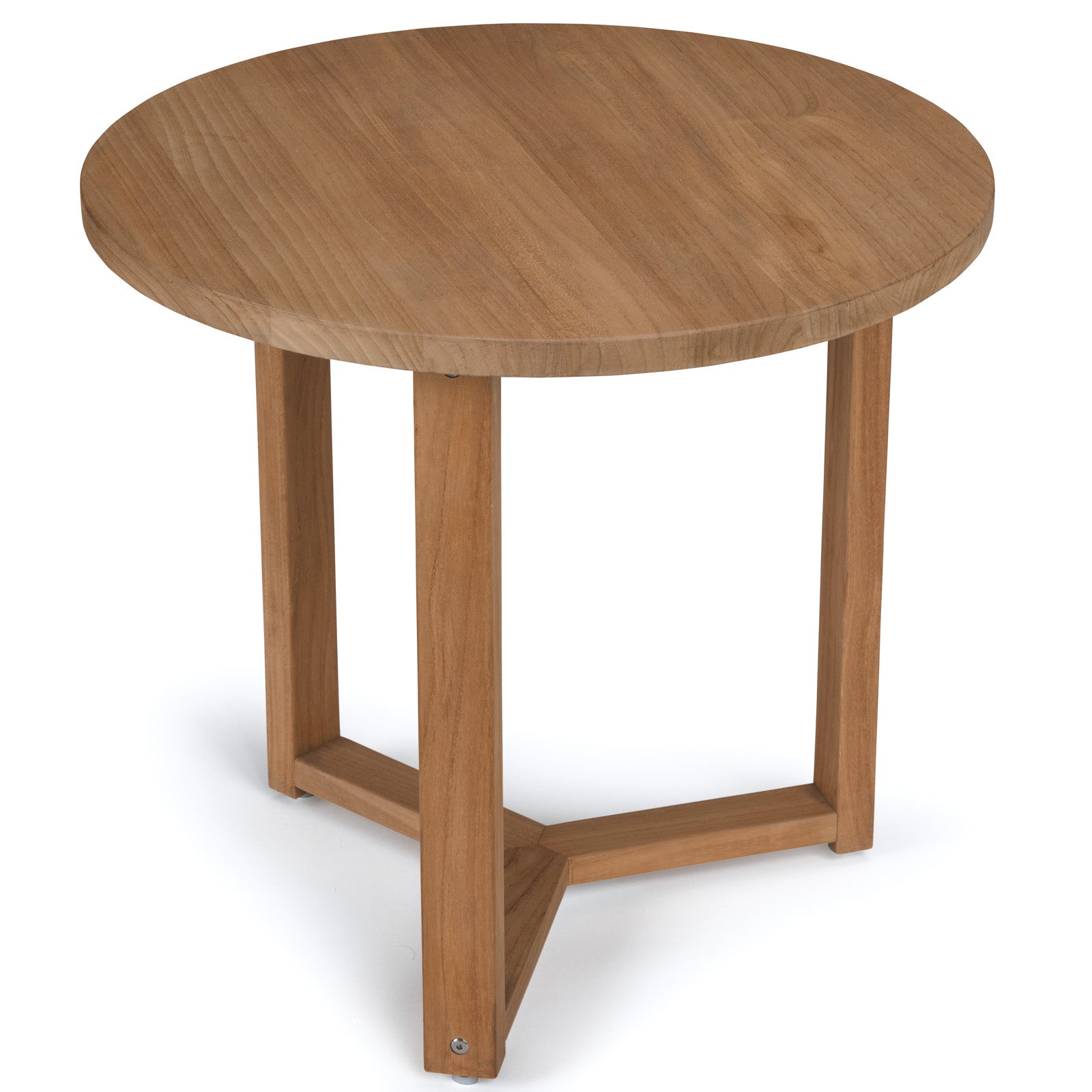 A round wooden table stands on three legs, each connected by a triangular support at the base, set against a plain white background.