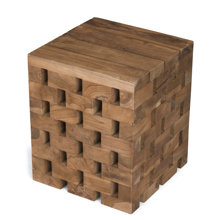 Wooden cube table with interlocking block design, featuring a pattern of square cutouts. It is positioned against a plain white background.