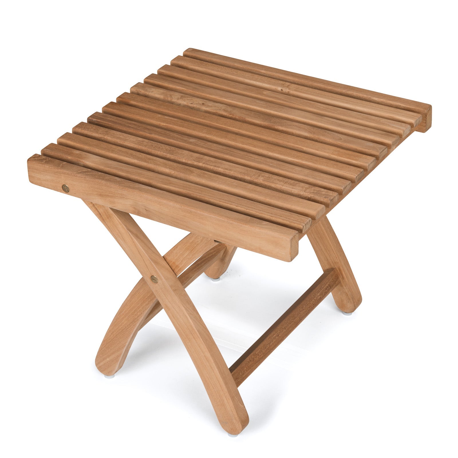 A wooden table features a slatted top and crossed legs, standing on a white background, creating a clean, minimalist appearance.