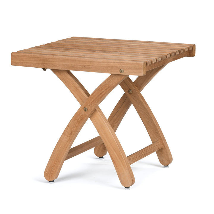 A wooden stool features a slatted square top supported by crossed, curved legs, placed on a plain white background.