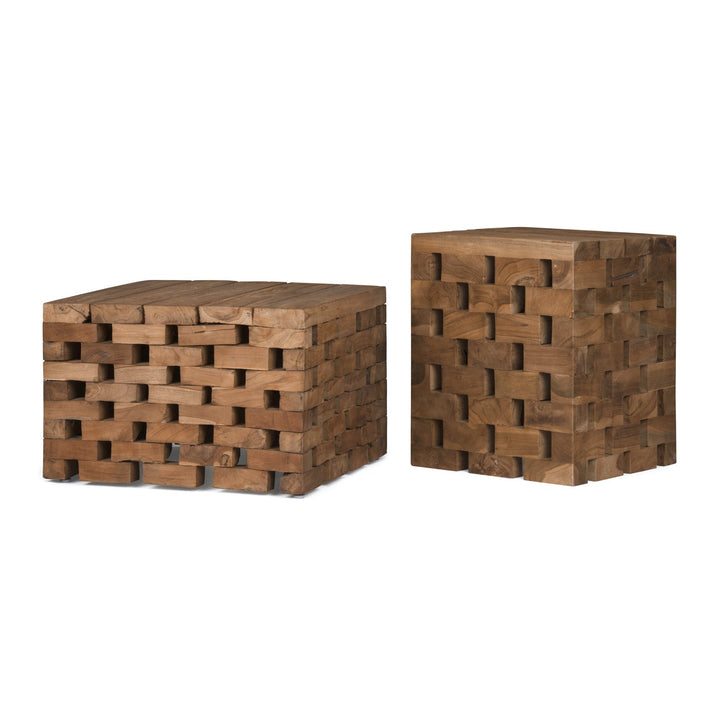 Two wooden cube tables with a woven block pattern are displayed side by side against a plain white background. One table is shorter and wider, the other is taller and narrower.