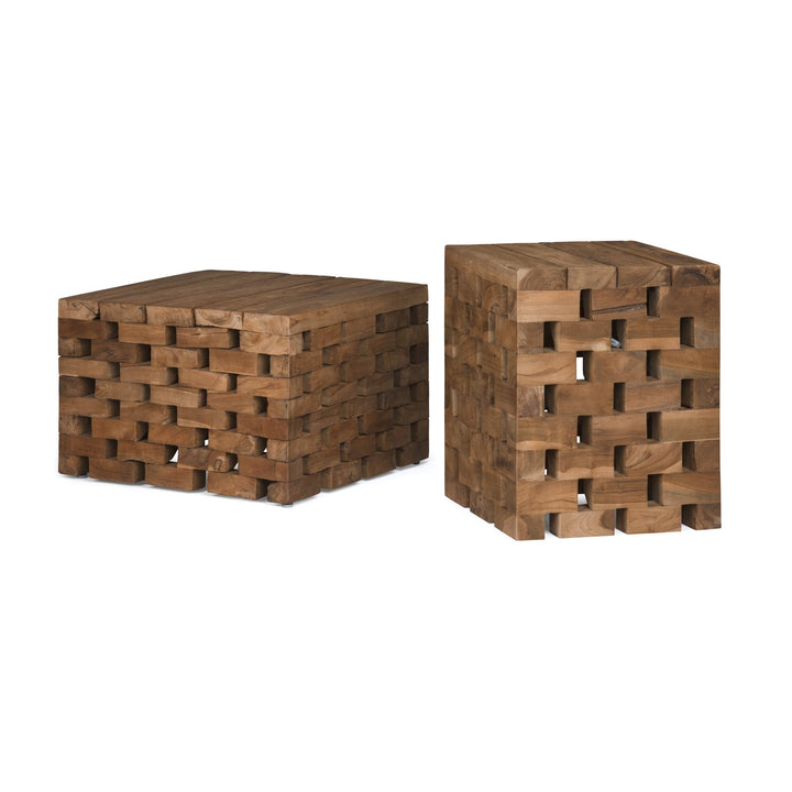 Two wooden cube tables with a woven block pattern rest on a plain white background; one is upright, and the other lies flat.