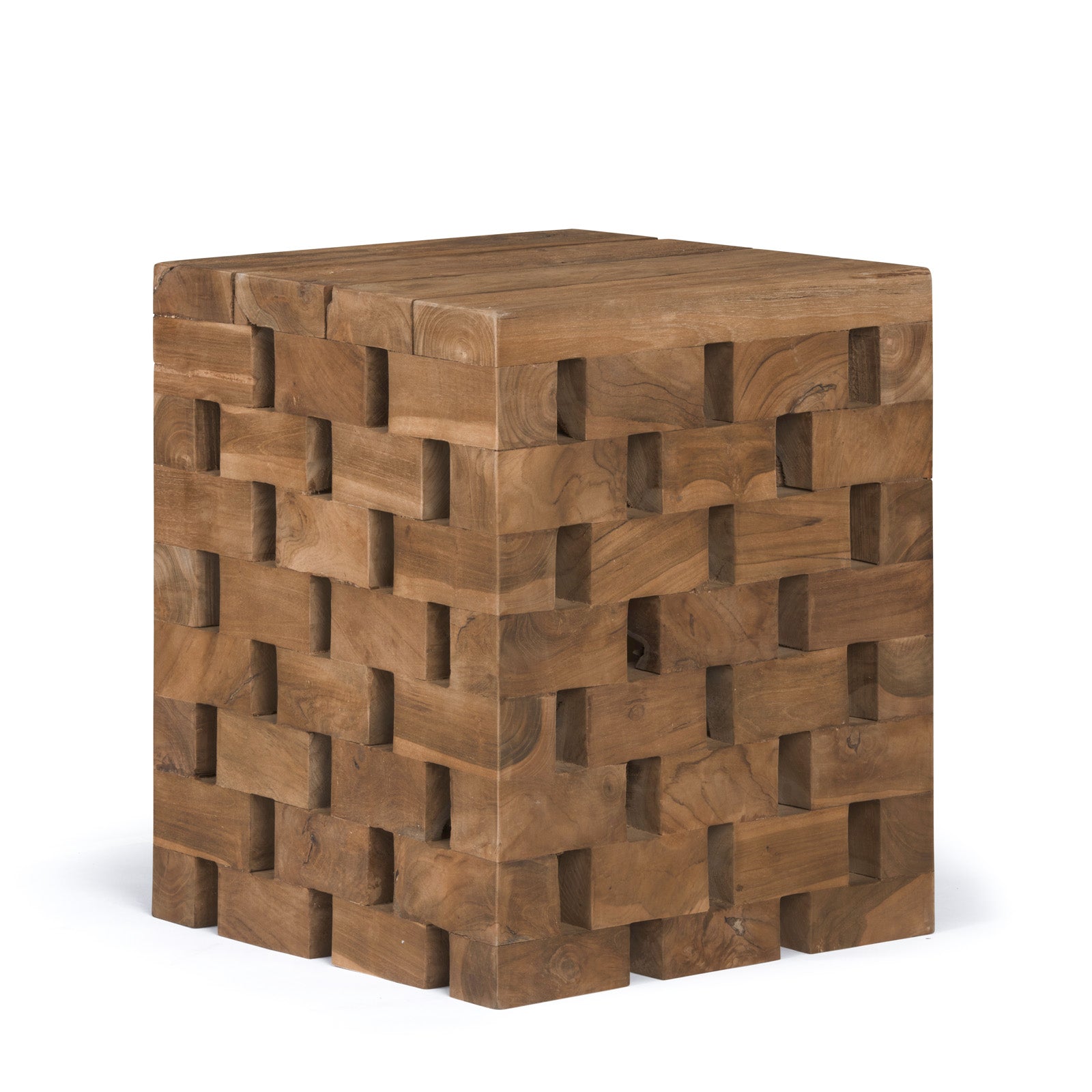 Wooden block-shaped stool with interlocking rectangular pattern, creating a textured surface. It stands on a plain white background, showcasing the natural wood grain and craftsmanship.