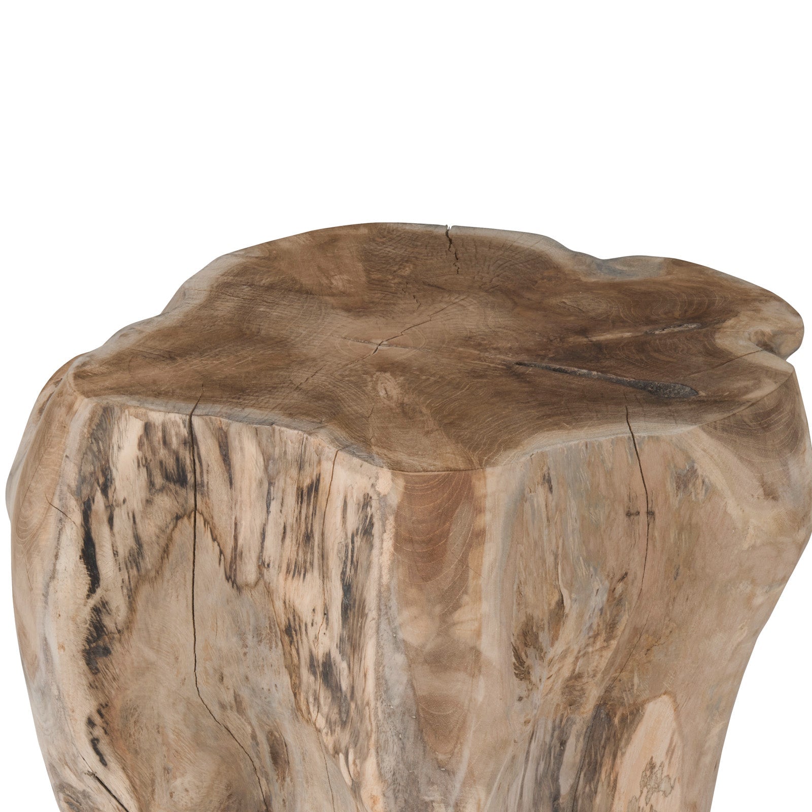 A tree stump with a smooth, flat top and visible grain patterns, positioned in a plain, neutral setting. The surface has natural cracks and a polished appearance.