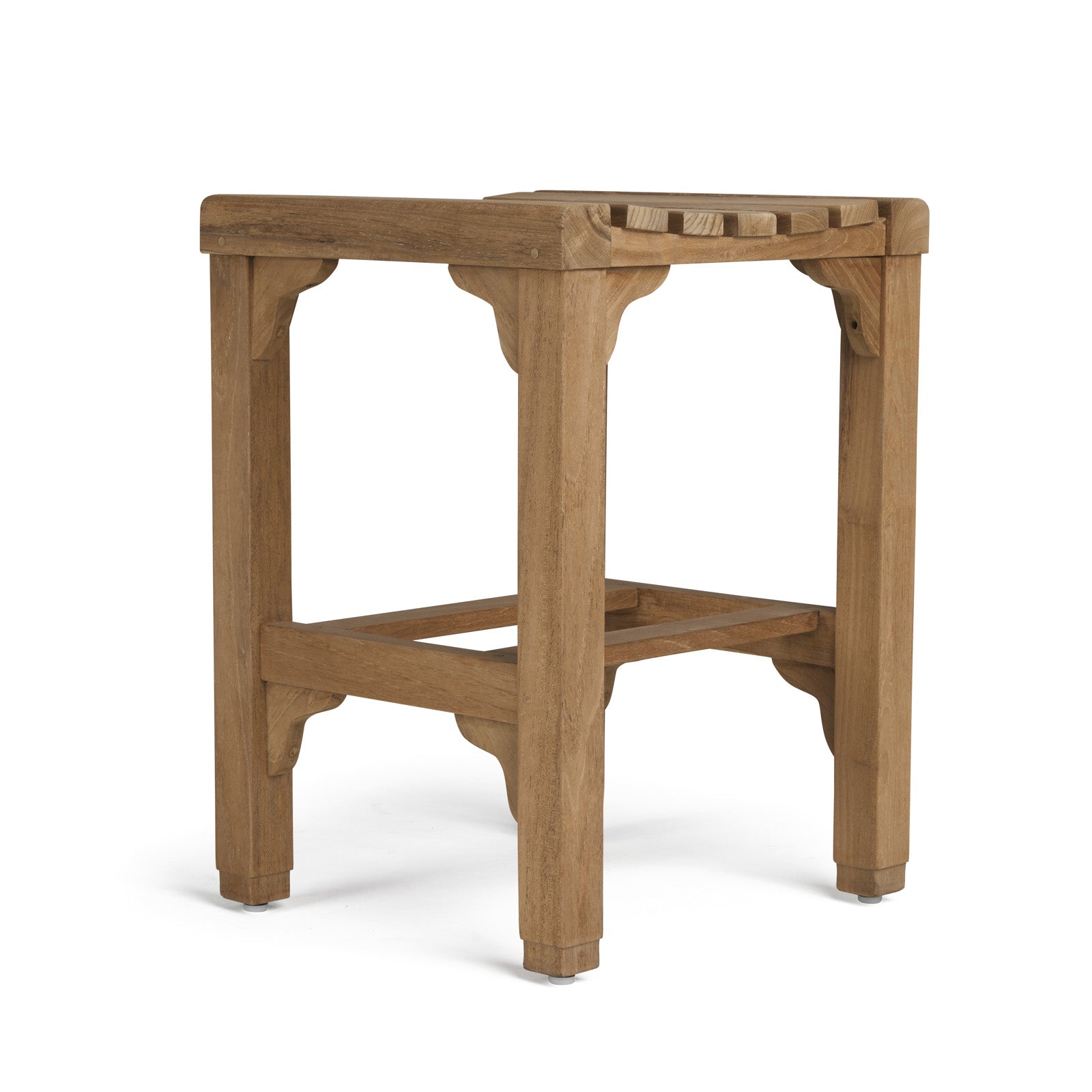 A wooden stool stands with a square slatted seat and four straight legs, set against a plain white background.