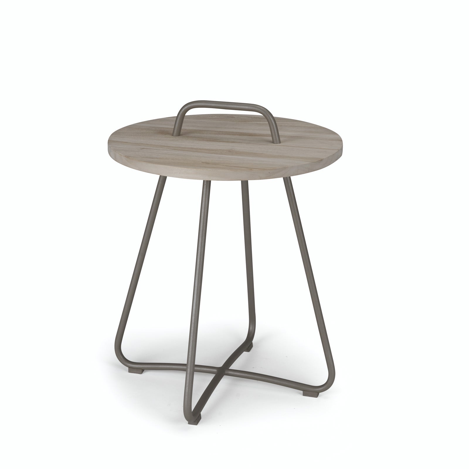 A round wooden top table with a built-in handle stands on thin metal legs, arranged in a crisscross pattern, set against a plain, light background.