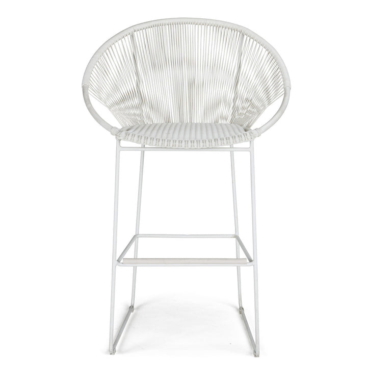 A white, circular-backed barstool with a woven rope seat stands on thin metal legs against a plain white background.