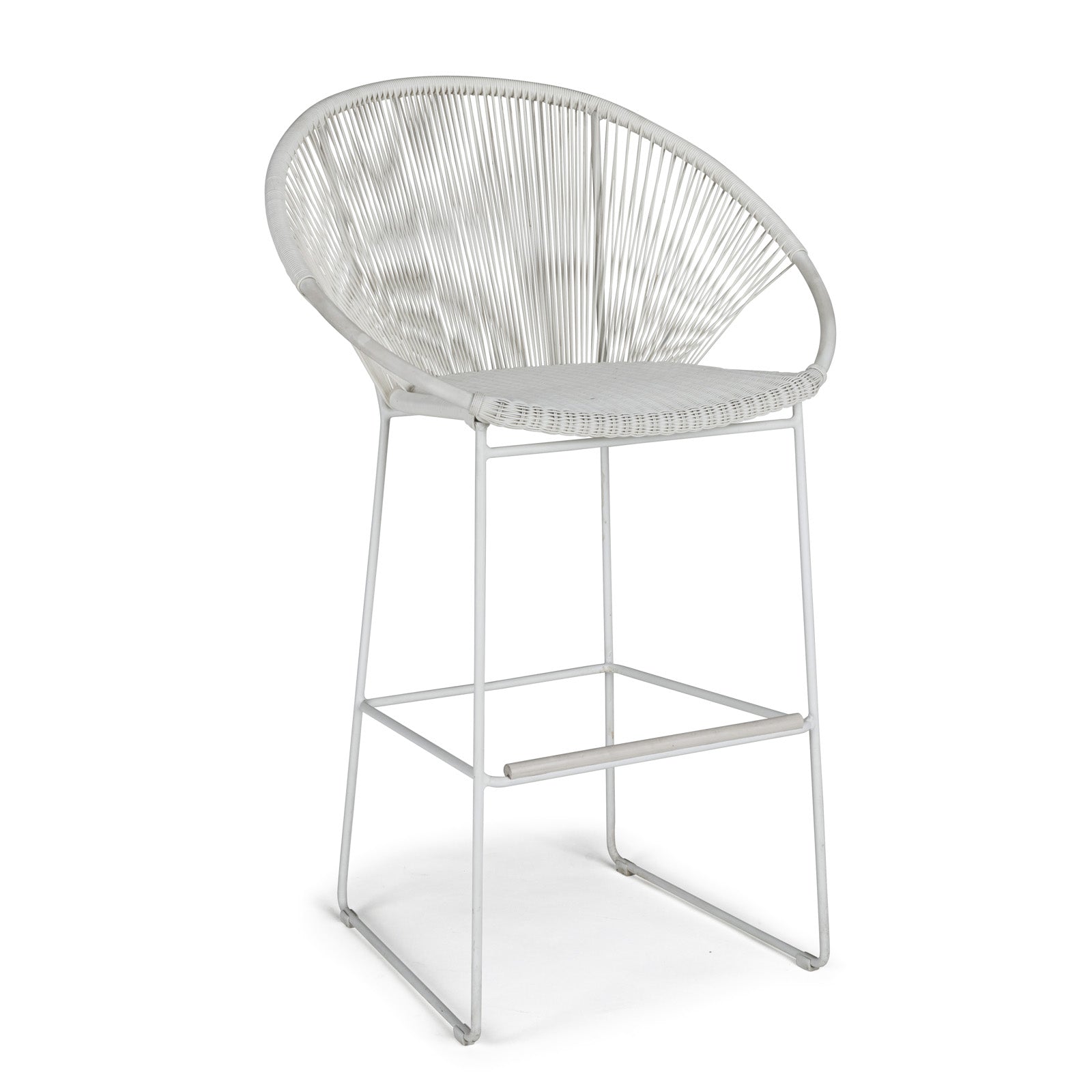 A white, woven back bar stool stands on thin metal legs, featuring a round seat and a supportive footrest, positioned against a plain background.