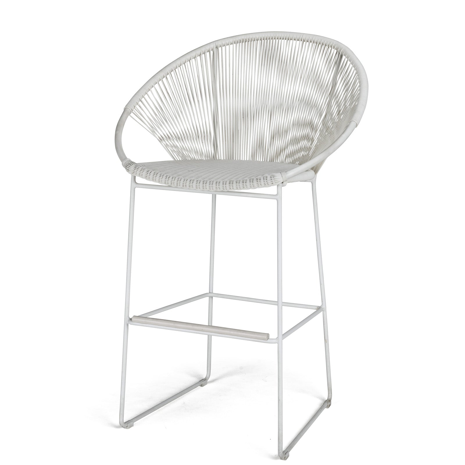 A white bar stool features a rounded, woven seat with a high back, supported by slender metal legs, placed on a plain, white background.