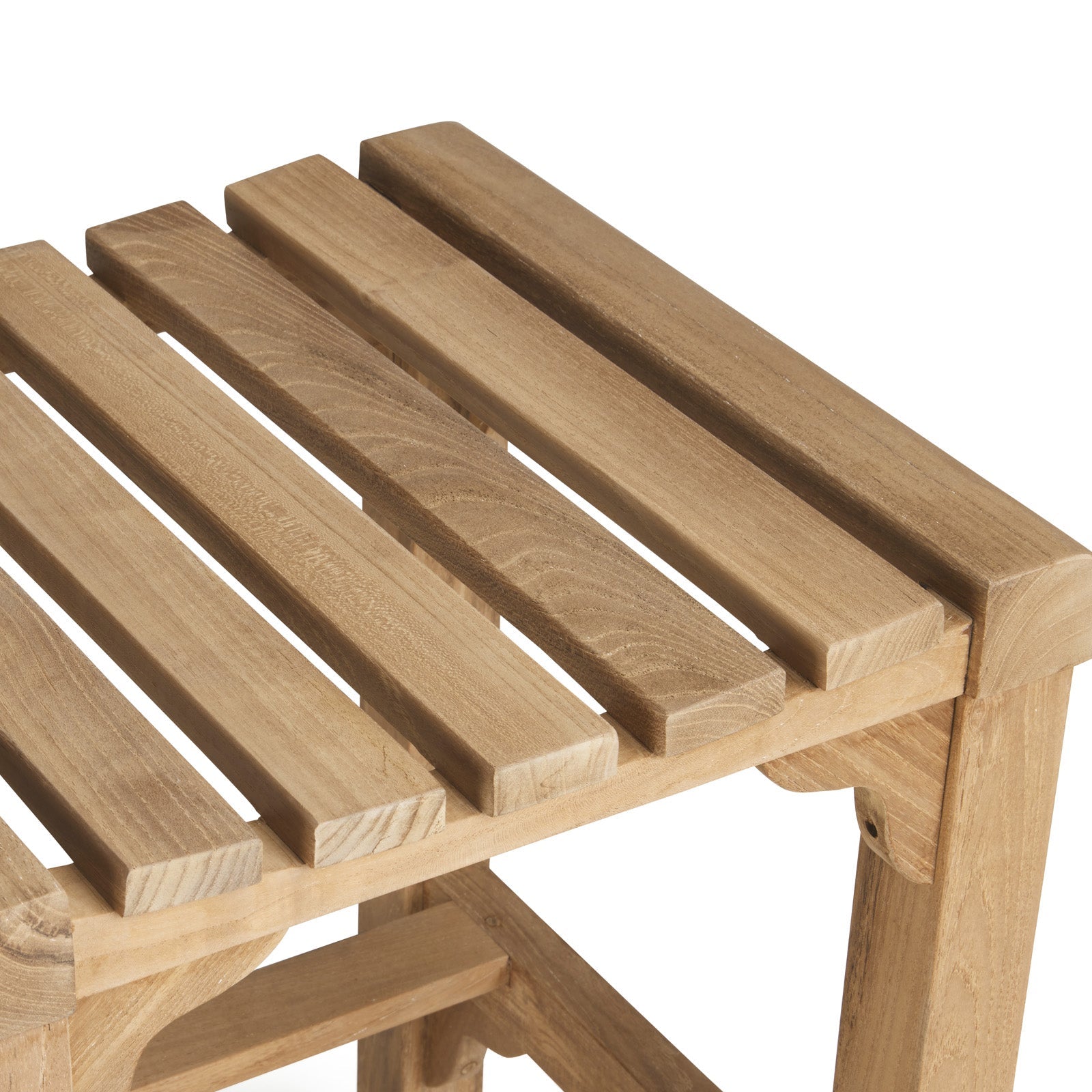 Wooden bench with a slatted seat, viewed from above. It features parallel wooden slats supported by a sturdy frame. The bench is positioned against a plain white background.