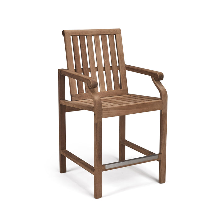 Wooden chair with slatted back and seat, featuring armrests and a footrest, stands upright on a plain, white background.