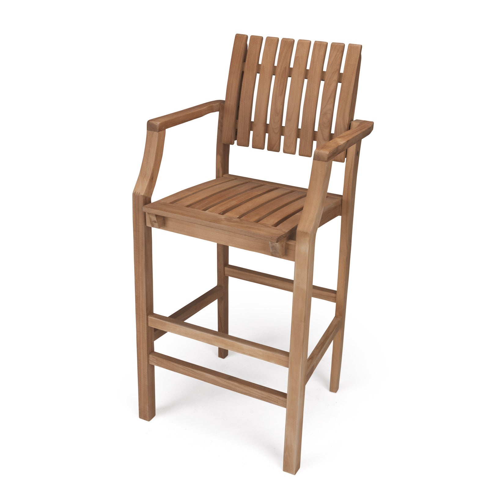 A wooden bar stool features vertical slats on the backrest and seat, with armrests and footrests, set against a plain white background.