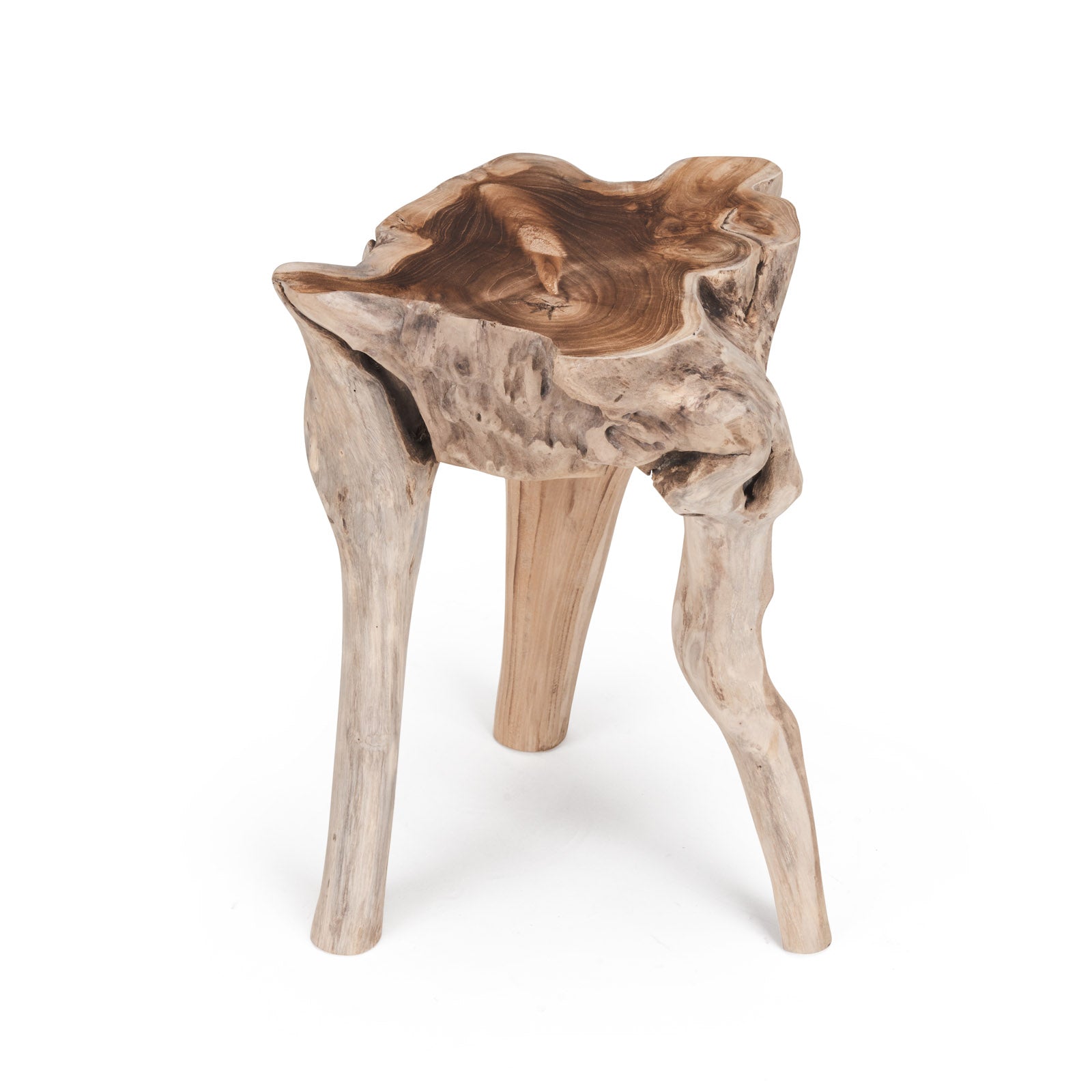 A wooden stool, sculpted with a natural, rustic design, stands on three irregular legs. It has a uniquely contoured, textured surface. The background is plain white.