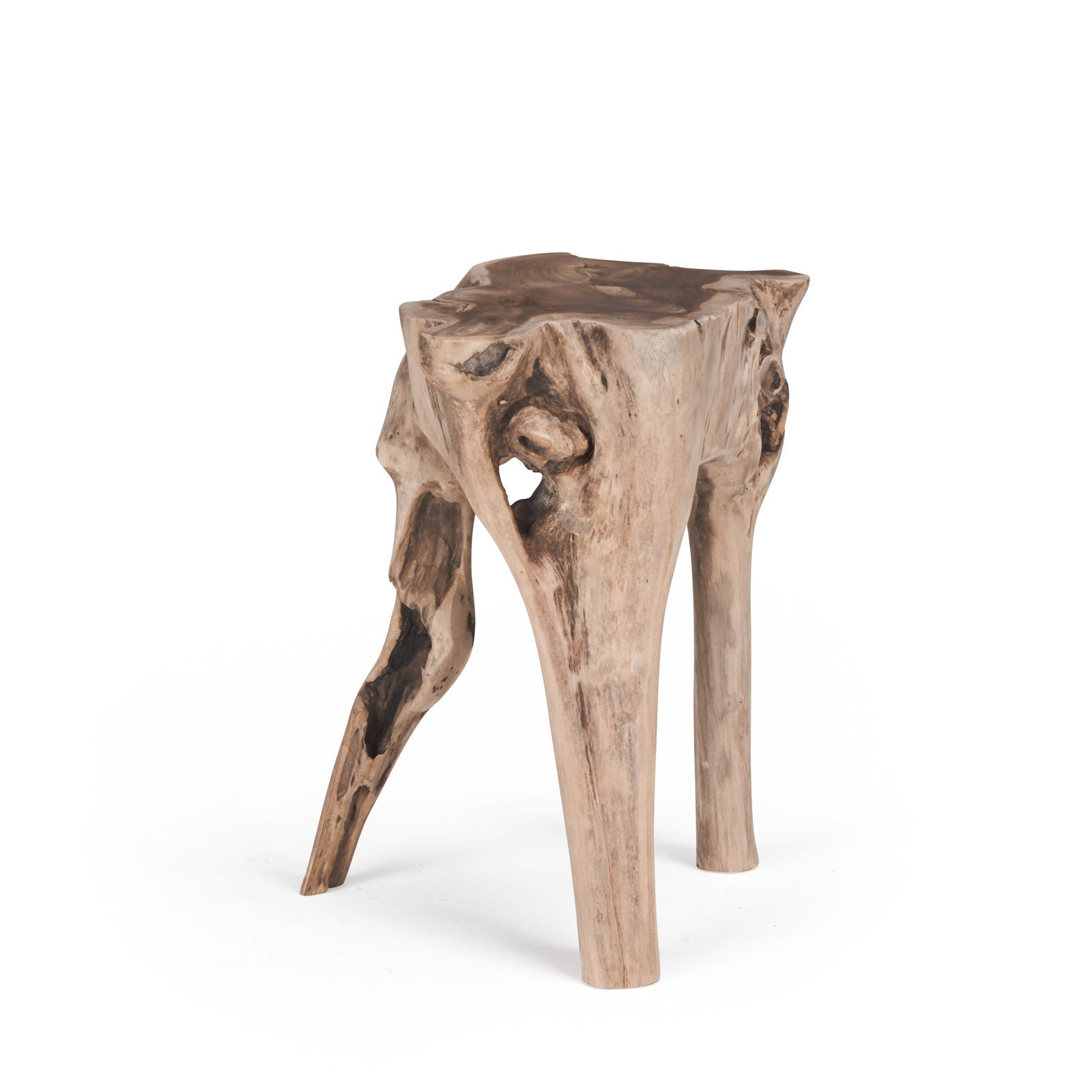 Wooden stool stands with a natural, irregular shape, resembling tree roots. It has three legs and a textured surface, set against a plain white background.