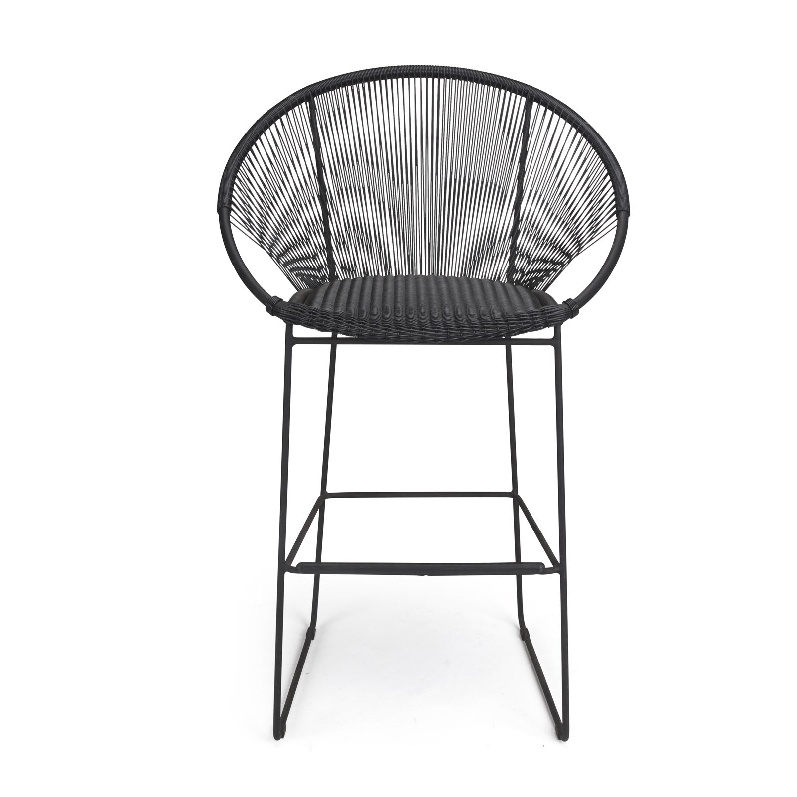 A black, woven high-back bar stool with slender metal legs stands isolated on a white background.