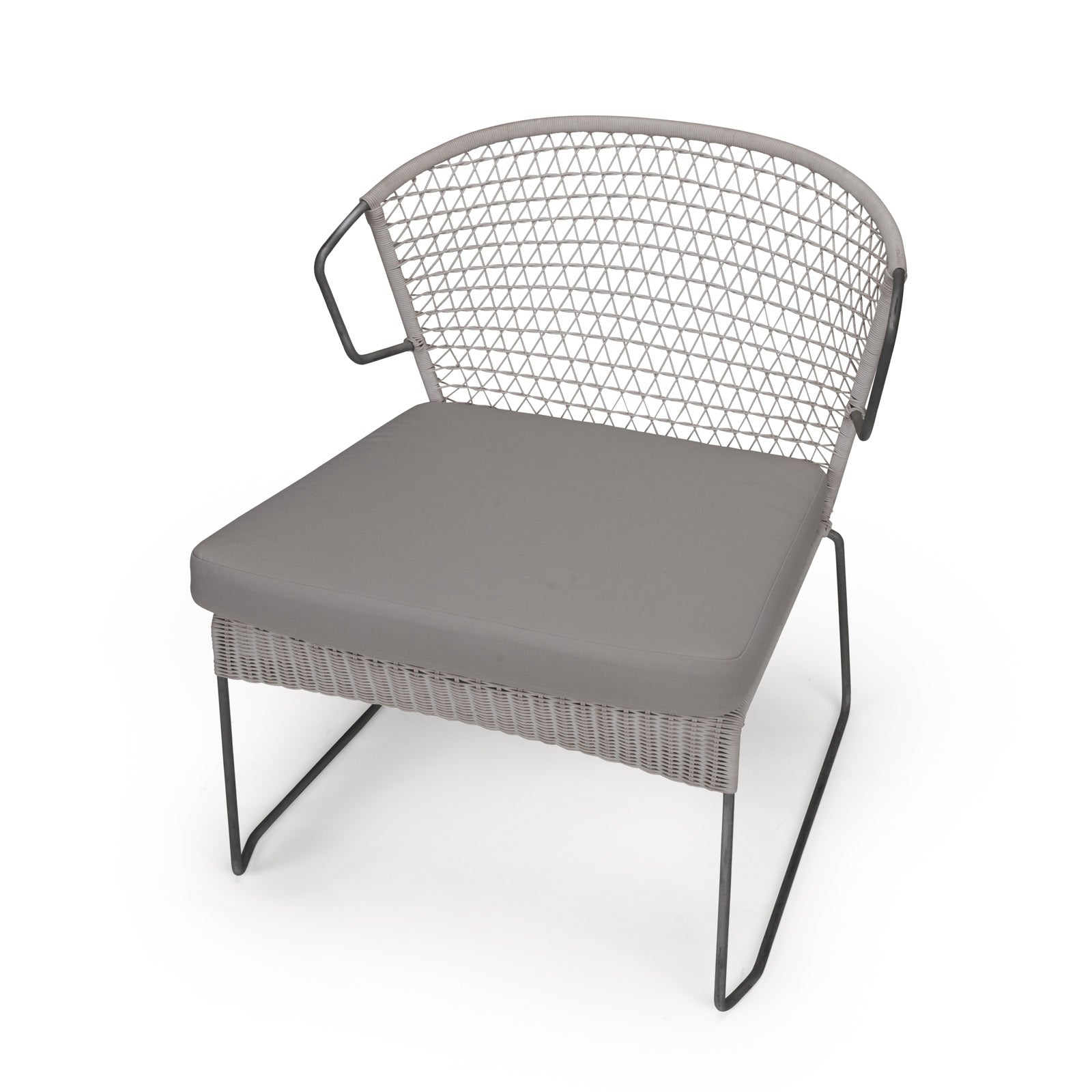 Chair sitting on a plain background, featuring a cushioned seat and a woven, geometric-patterned backrest with sleek metal legs, designed for modern indoor or outdoor settings.