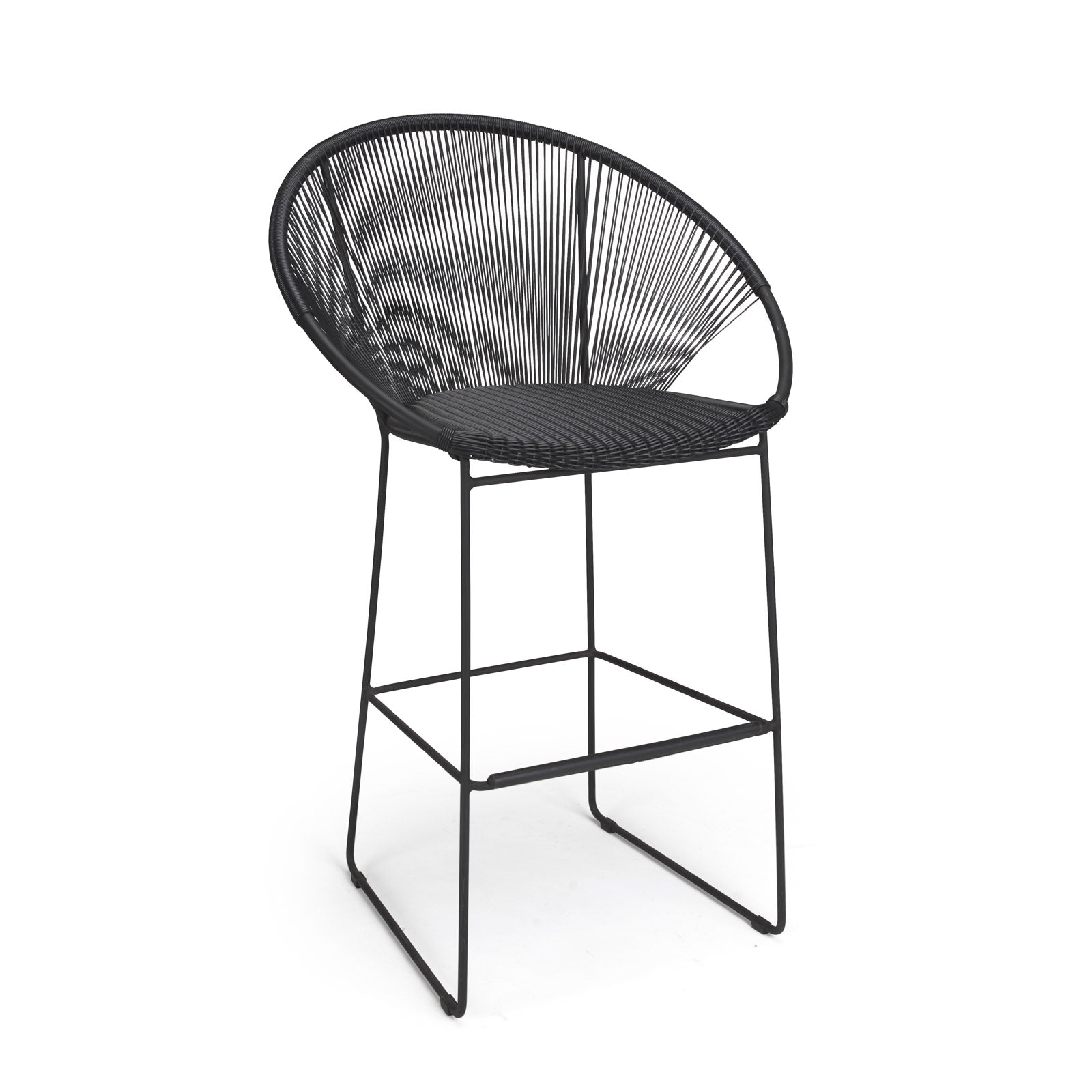 A tall, black stool with a round, woven backrest and seat stands on four slender metal legs against a plain white background.