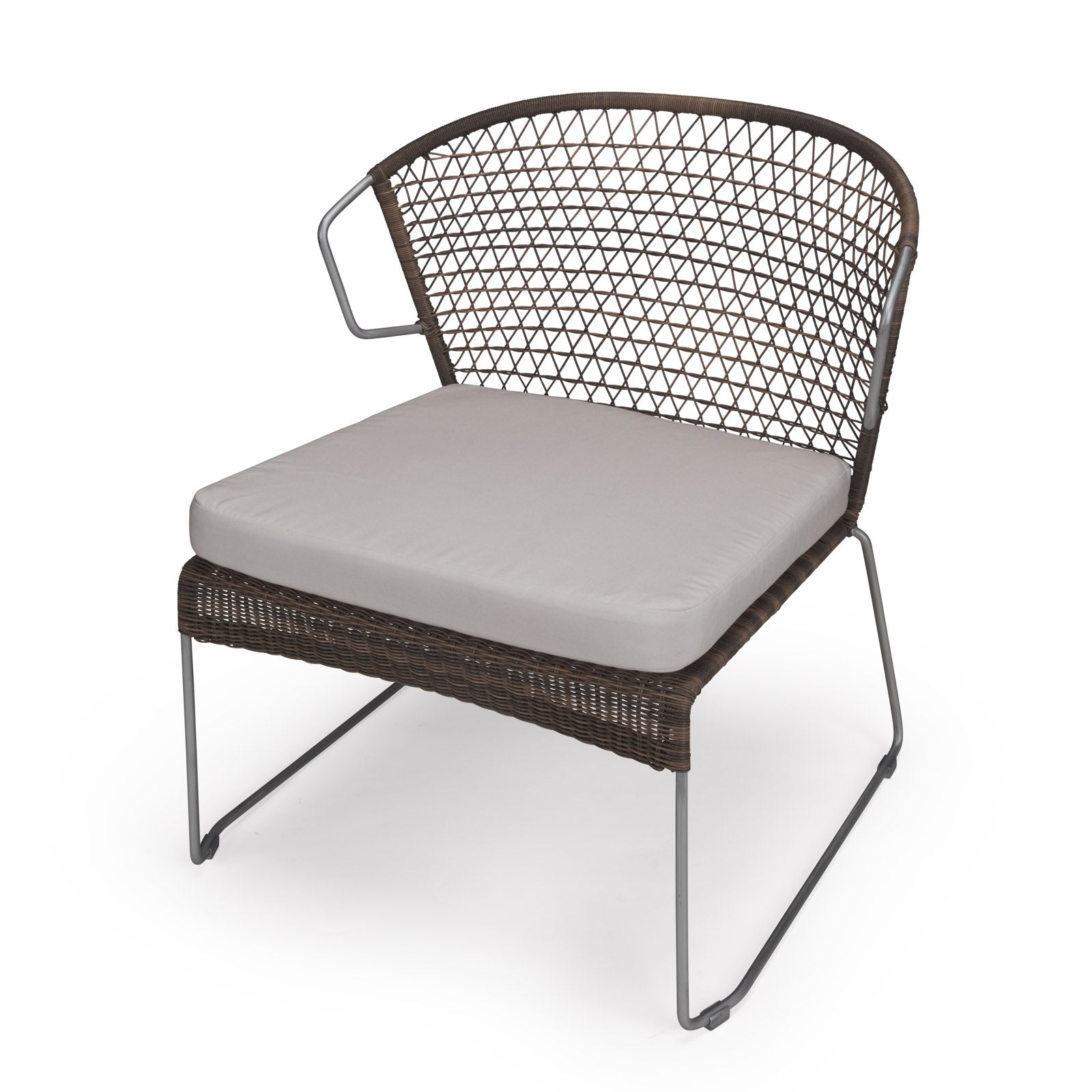 A wicker chair sits with a gray cushioned seat on a sleek metal frame. The chair features a woven backrest and is set against a plain white background.