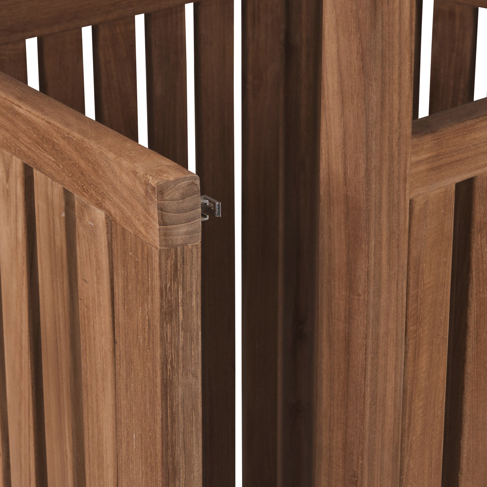 Wooden panels forming a slightly open corner gate, showing metal hinges. The panels have vertical slats and are set against a plain background, suggesting a sectional divider or pet gate.