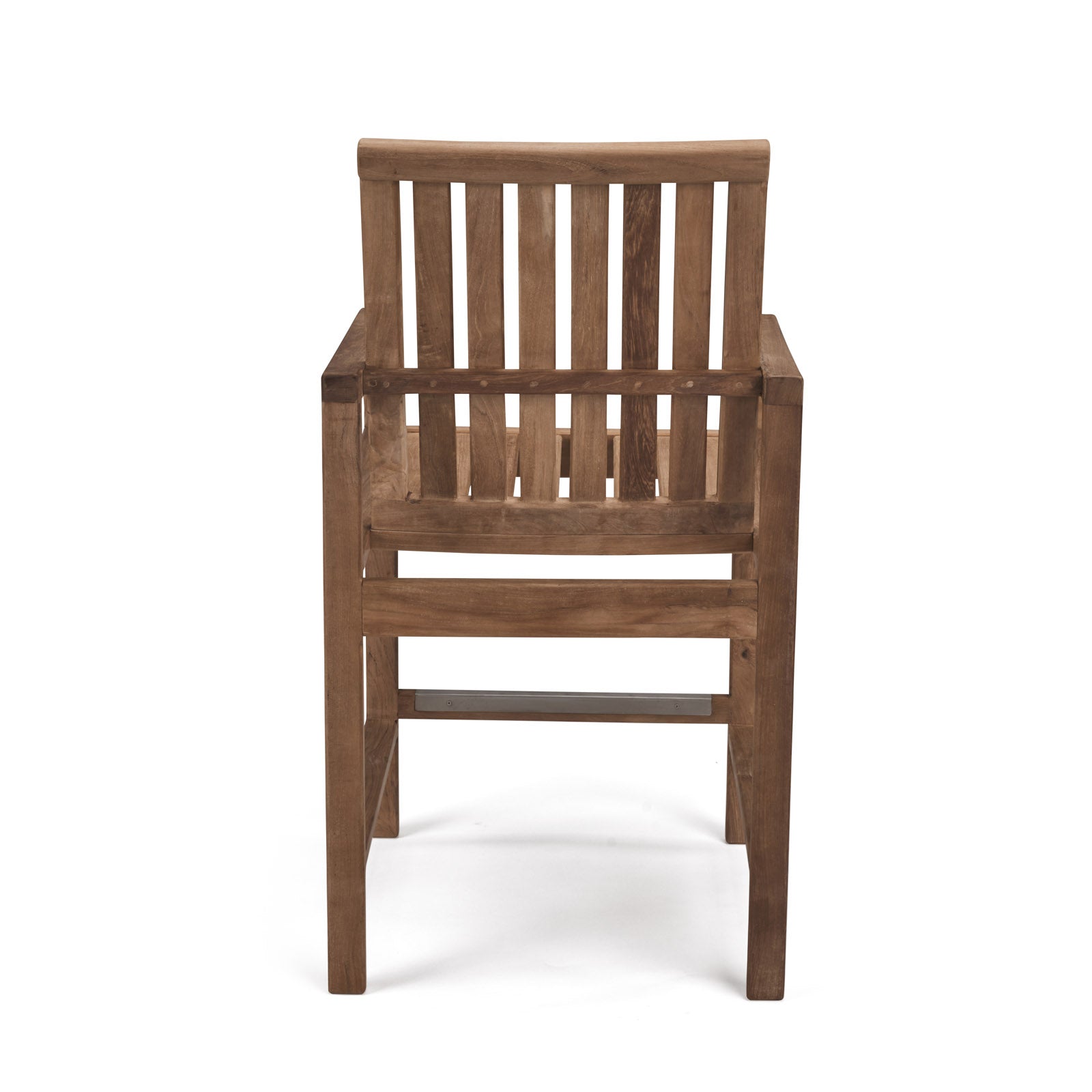 Wooden chair with vertical slats, viewed from the back, positioned against a plain white background.