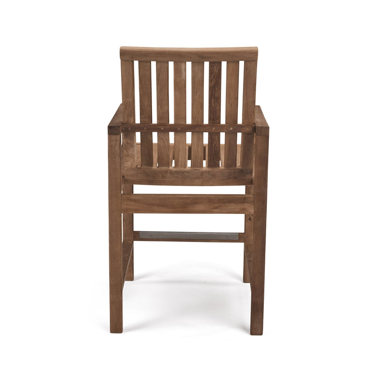 Wooden chair with vertical slats, viewed from the back, positioned against a plain white background.