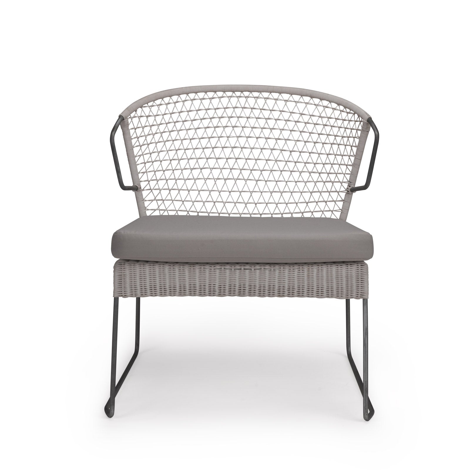 A chair with a metal wireframe backrest, grey cushioned seat, and metal sled legs, sits against a plain white background.