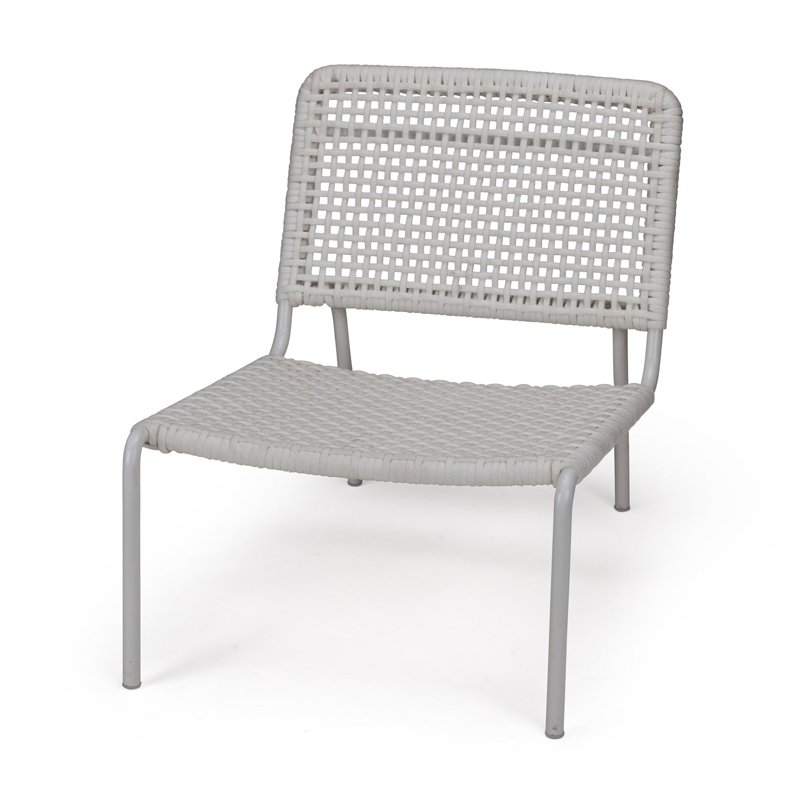 A white wicker lounge chair features a woven seat and backrest on a metal frame, positioned against a plain, light background.