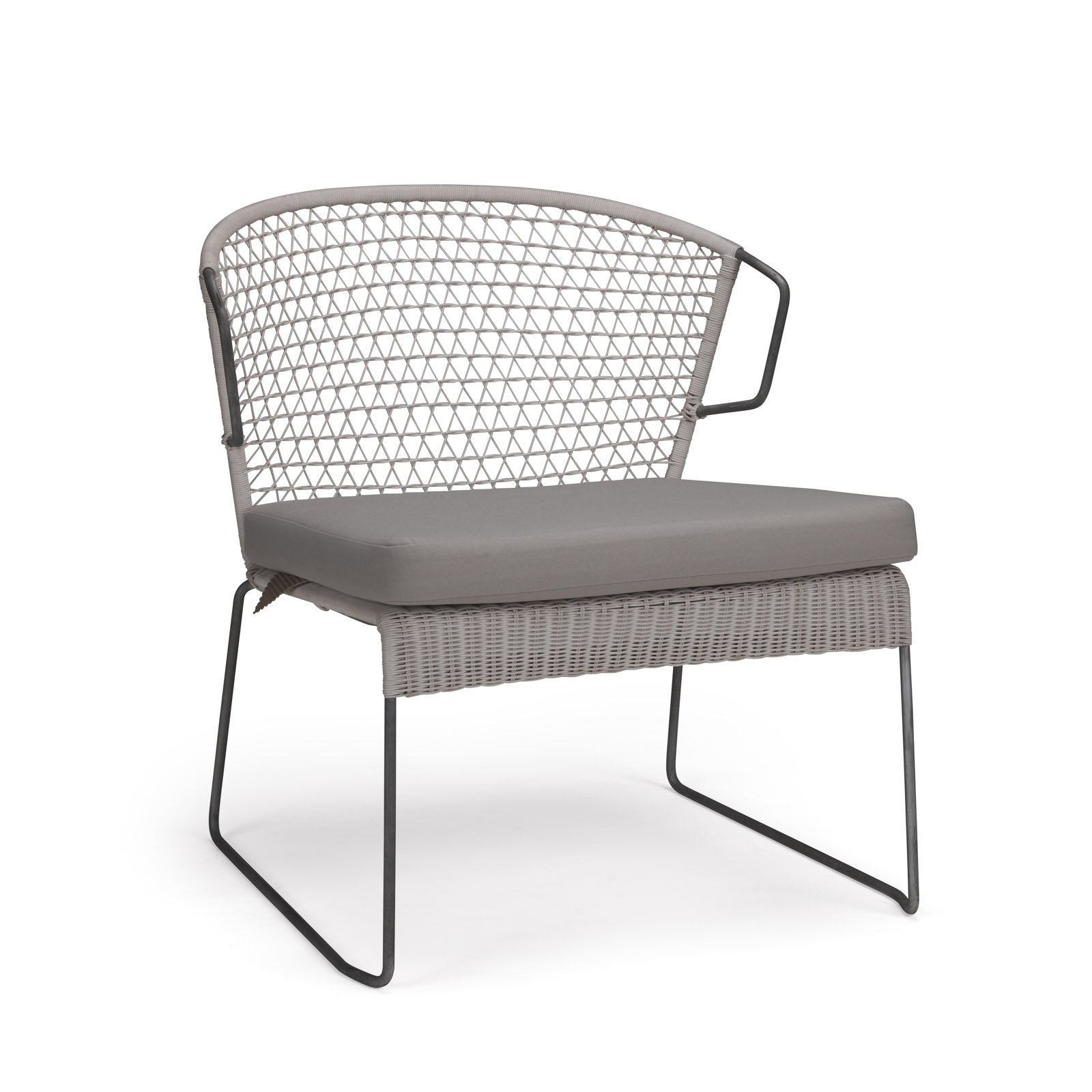 A modern chair with a light gray cushion and metal legs, featuring a woven lattice backrest, is set against a plain white background.