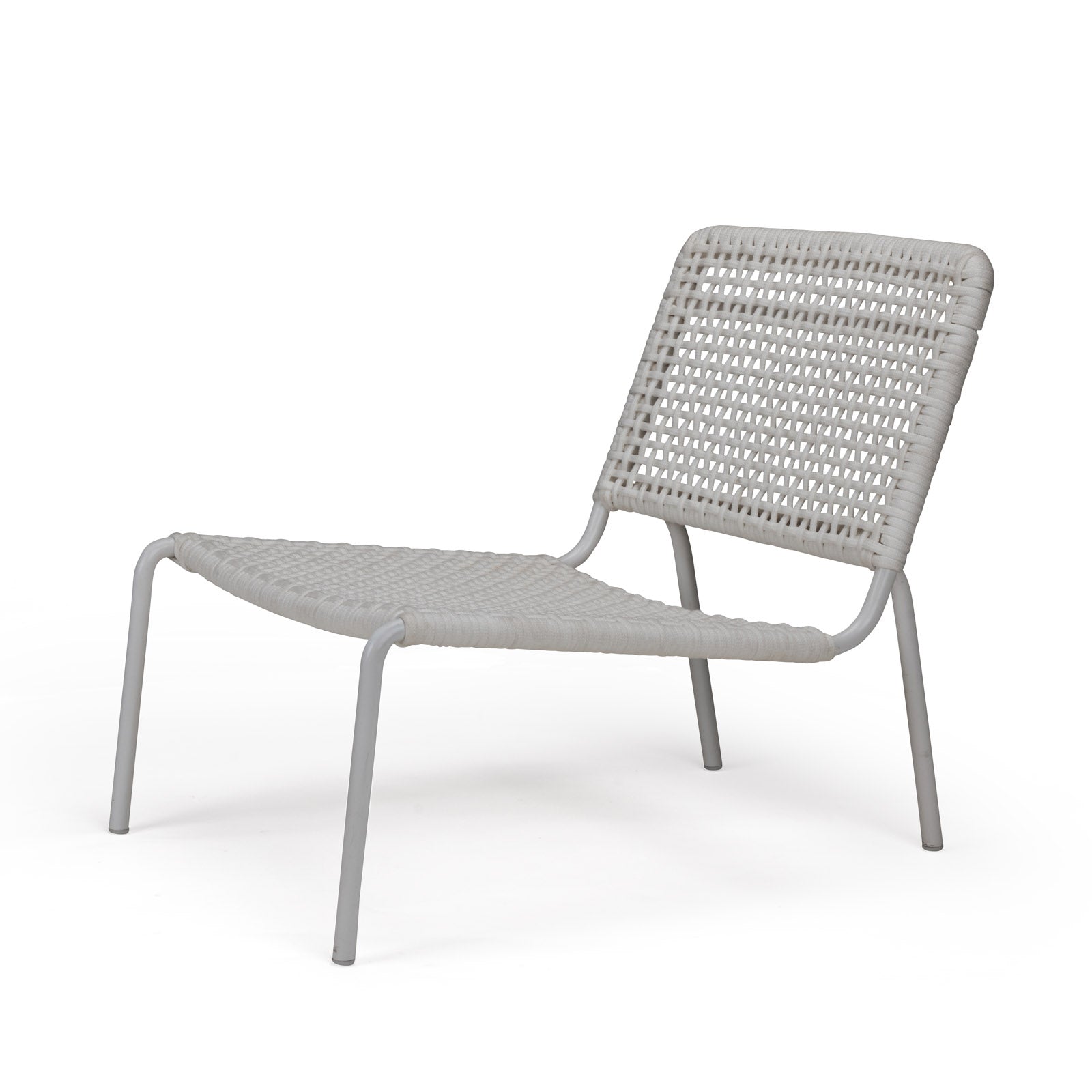 A woven chair sits on four metal legs, featuring a minimalist design with a grey frame. Its woven backrest and seat form a sleek, modern look in a plain, white background.