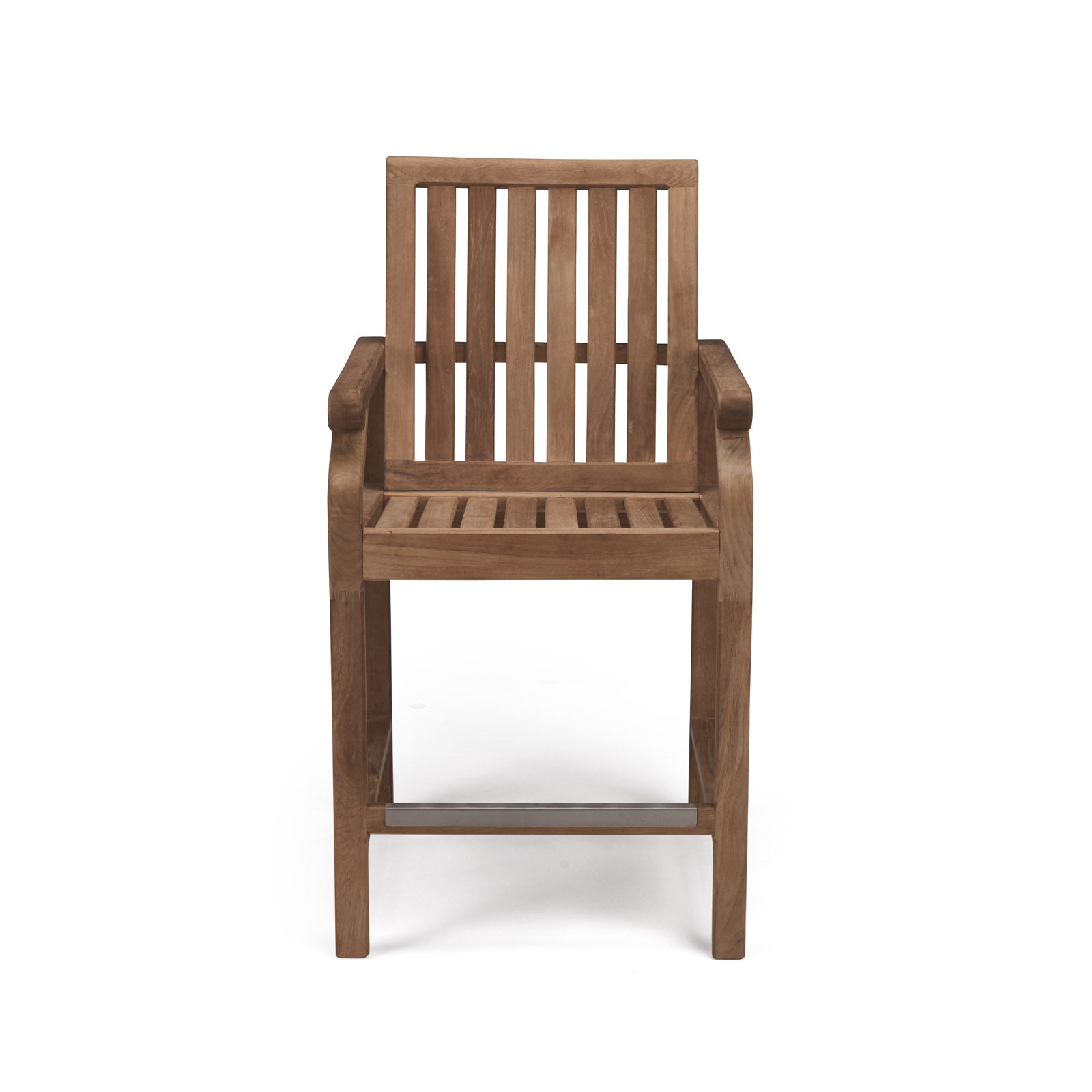 Wooden chair with slatted back and seat, positioned upright, showing armrests and sturdy legs; isolated against a plain white background.