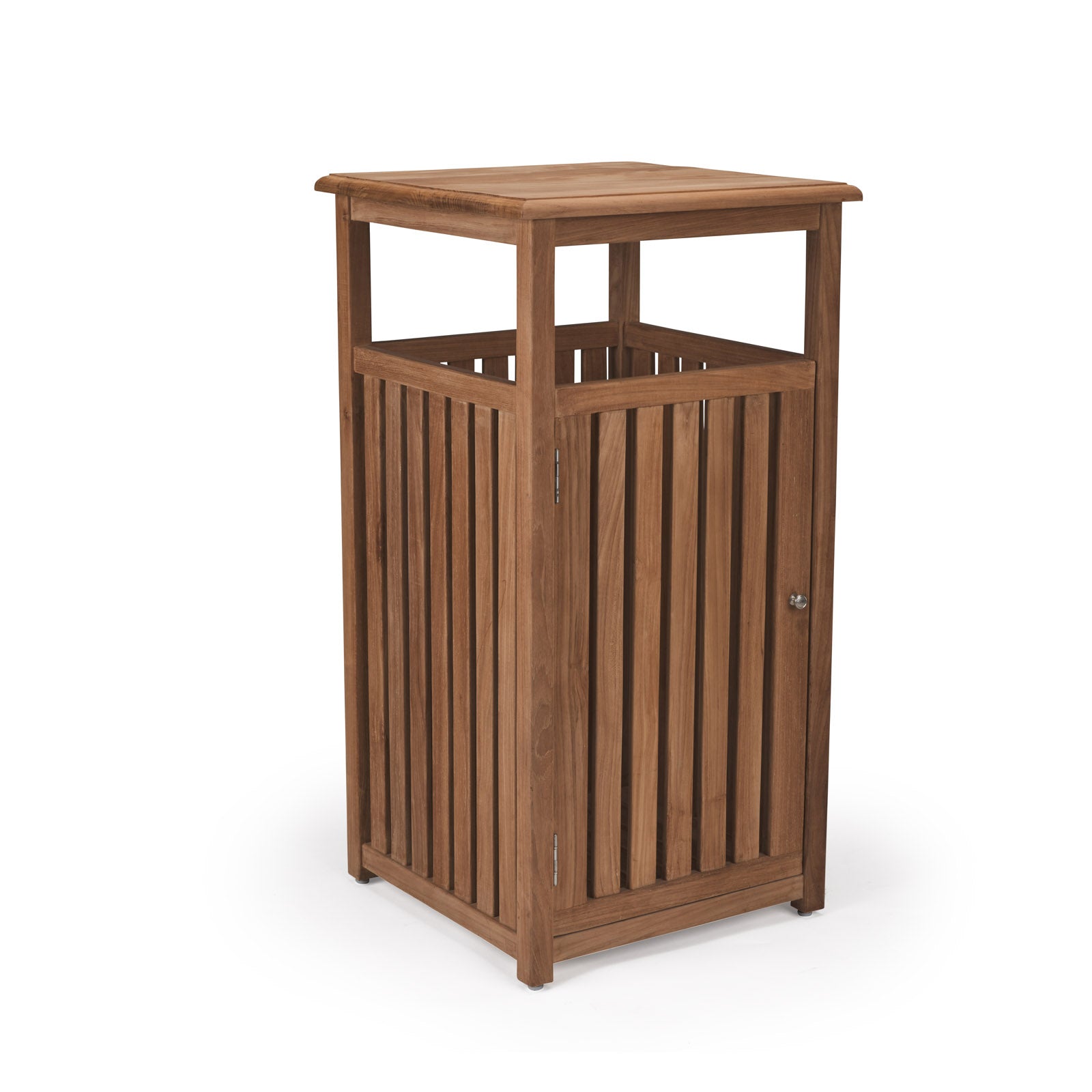 A wooden, slatted outdoor waste receptacle stands upright on a light background, with a flat top and vertical panels forming the sides, designed for parks or public places.