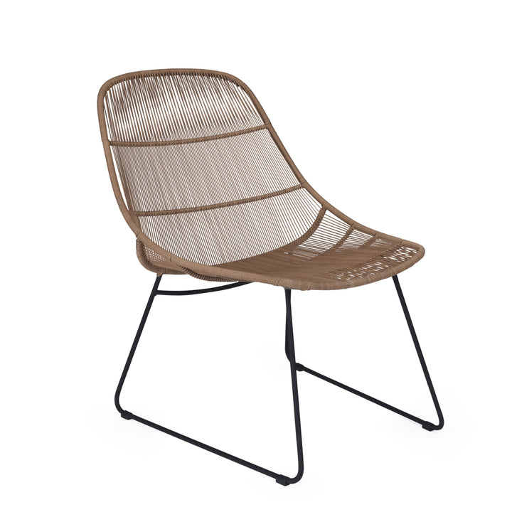 A brown woven chair with a sleek metal frame stands on a plain white background. The lightweight design features thin, parallel strands for a modern, minimalist appearance.